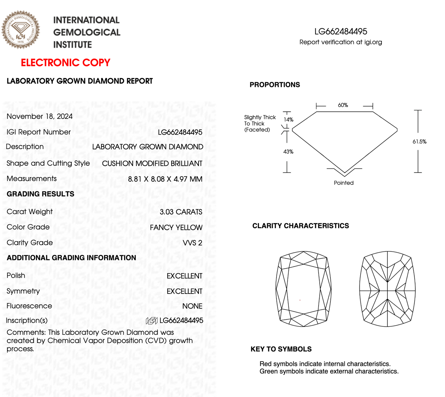 3 Carat Cushion Cut Lab Grown Diamond IGI Certified