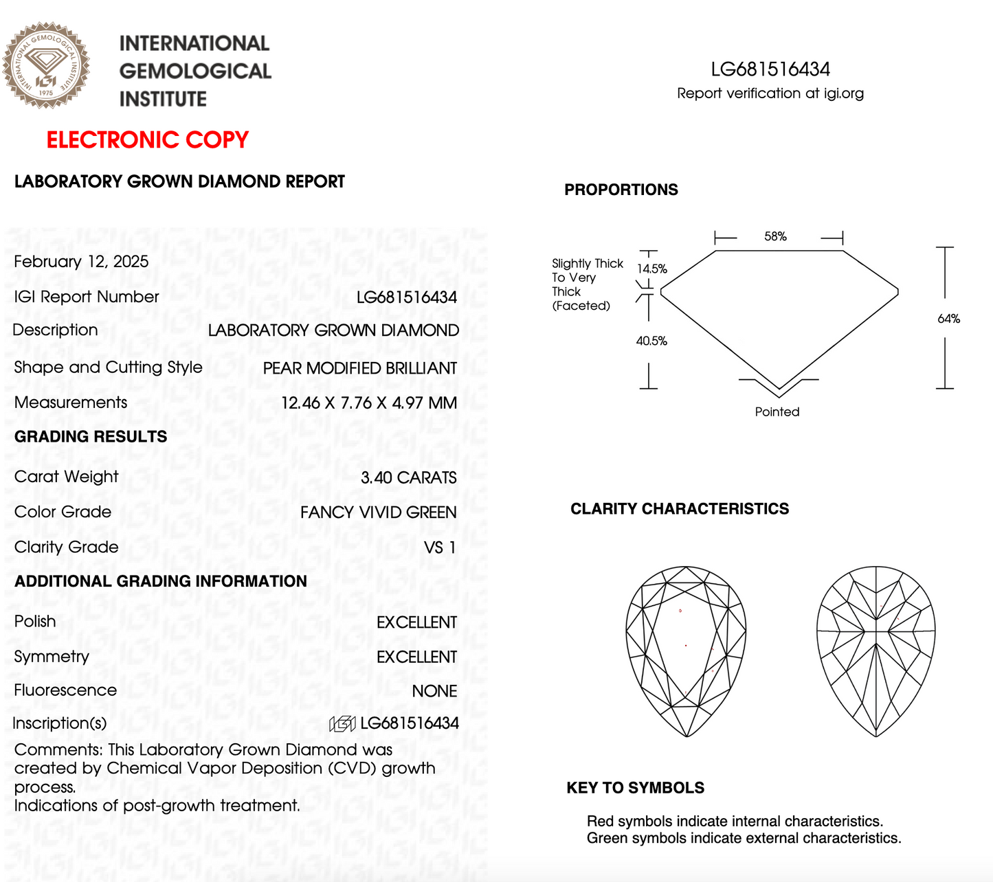 3 CT Pear Cut Lab Grown Diamond IGI Certified