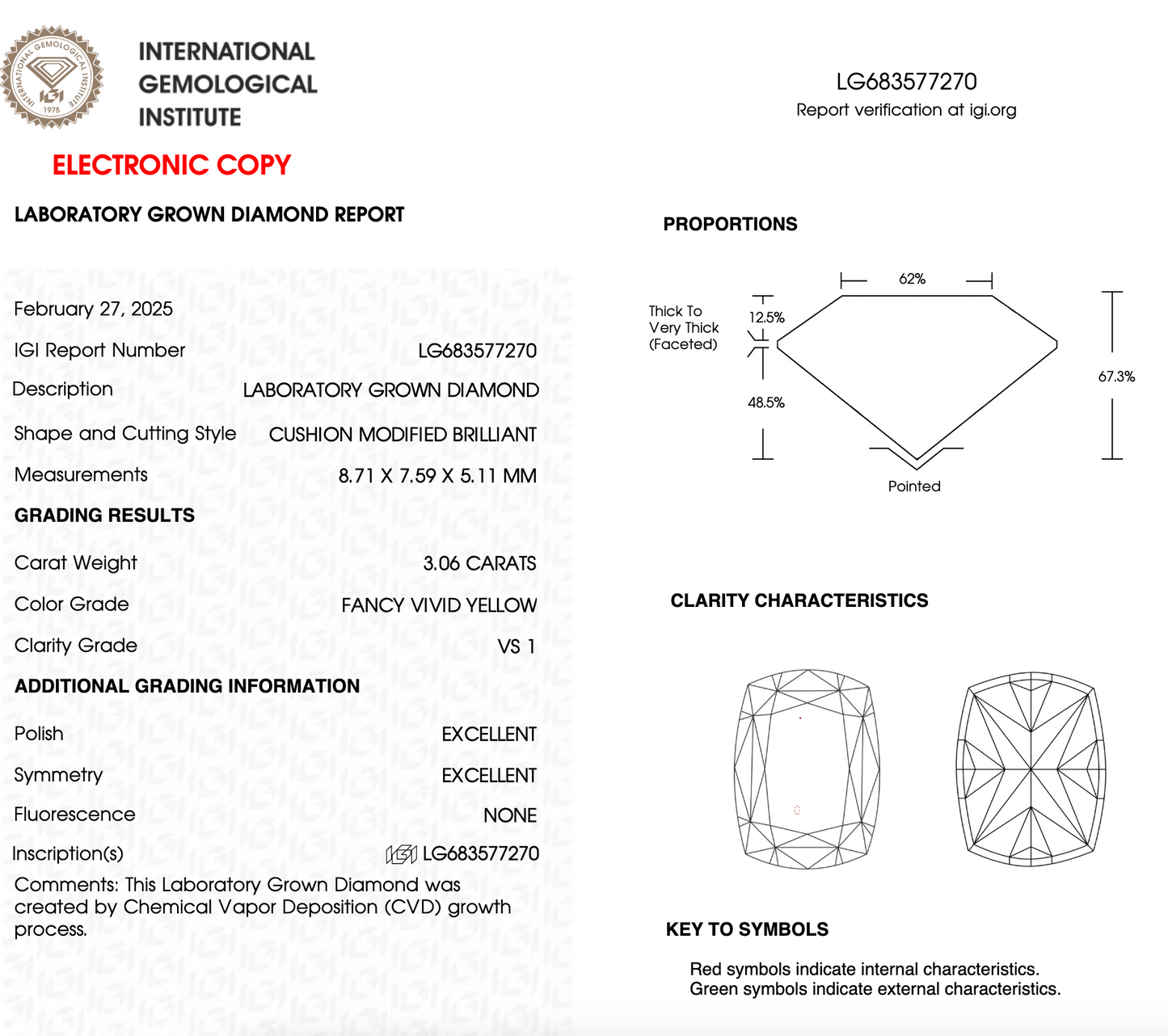 3 Carat Cushion Cut Lab Grown Diamond IGI Certified
