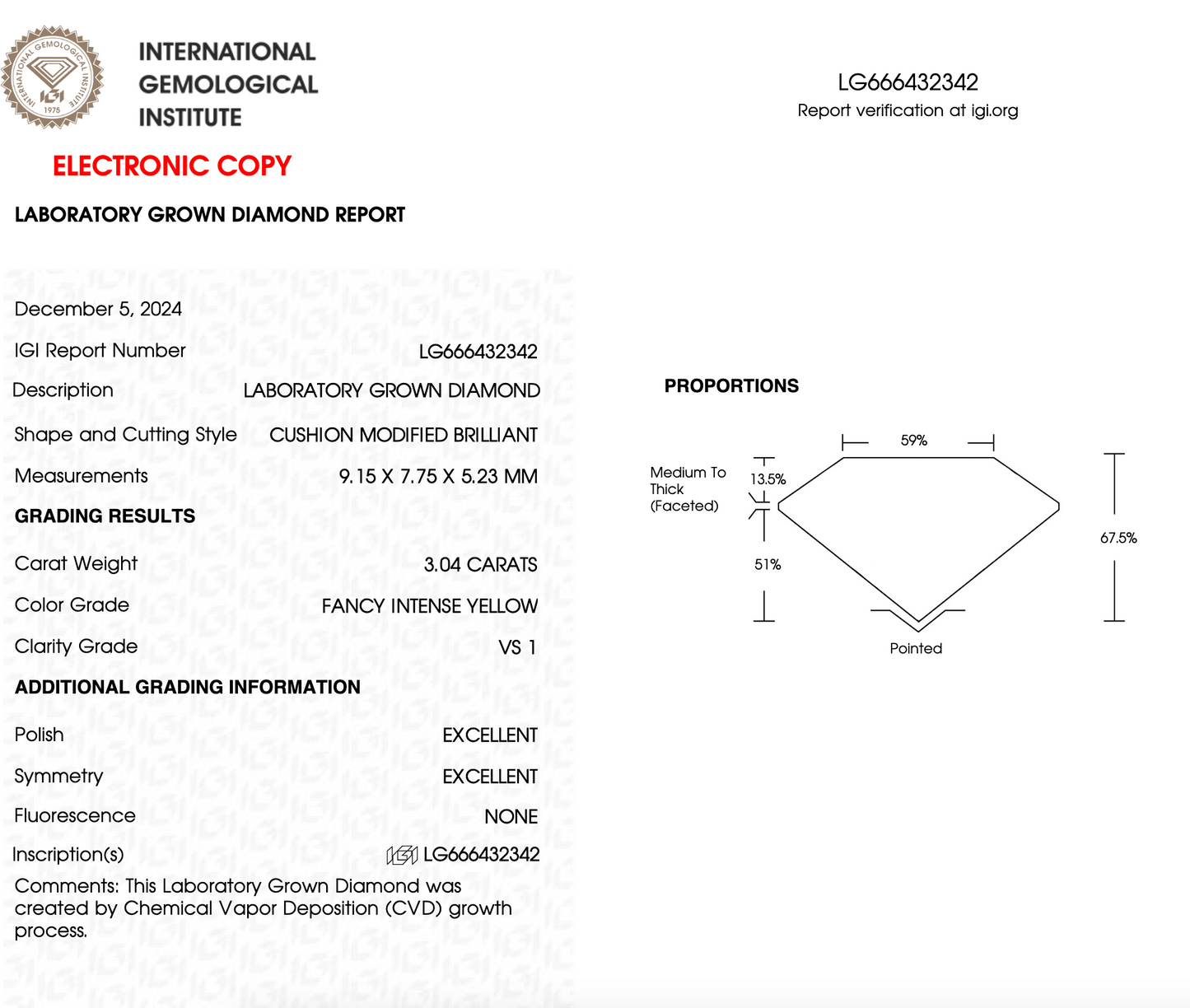 3 Carat Cushion Cut Lab Grown Diamond IGI Certified