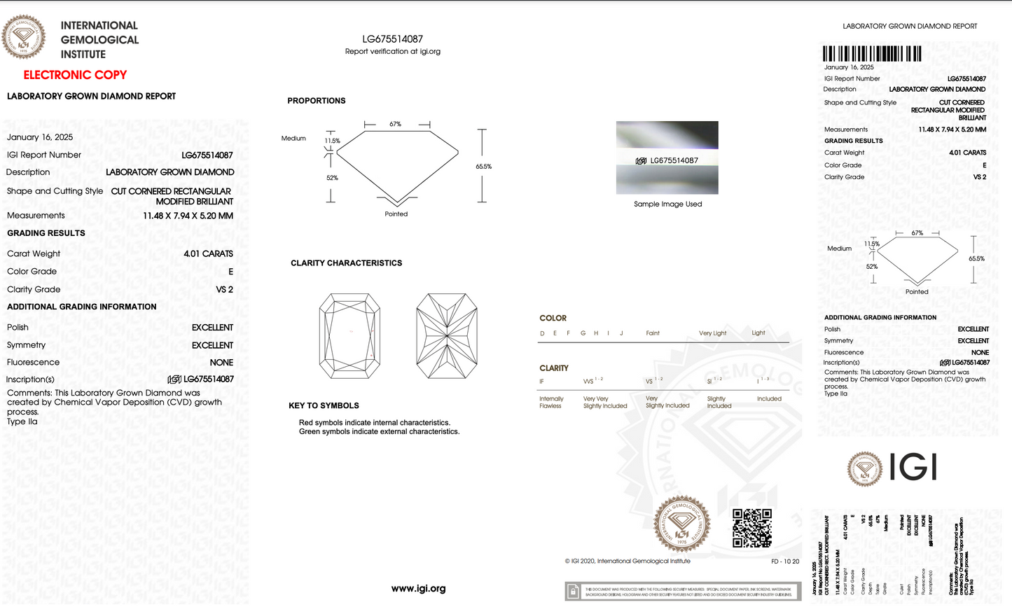 4 CT Radiant Cut Lab Grown Diamond IGI Certified