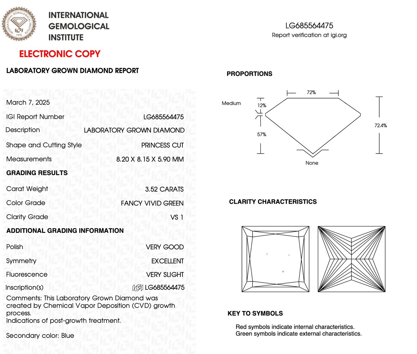 3 CT Princess Cut Lab Grown Diamond IGI Certified