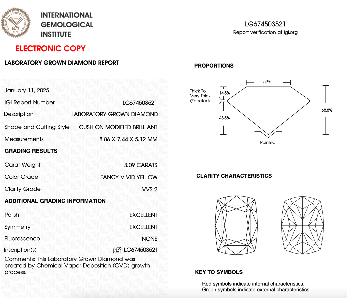 3 Carat Cushion Cut Lab Grown Diamond IGI Certified