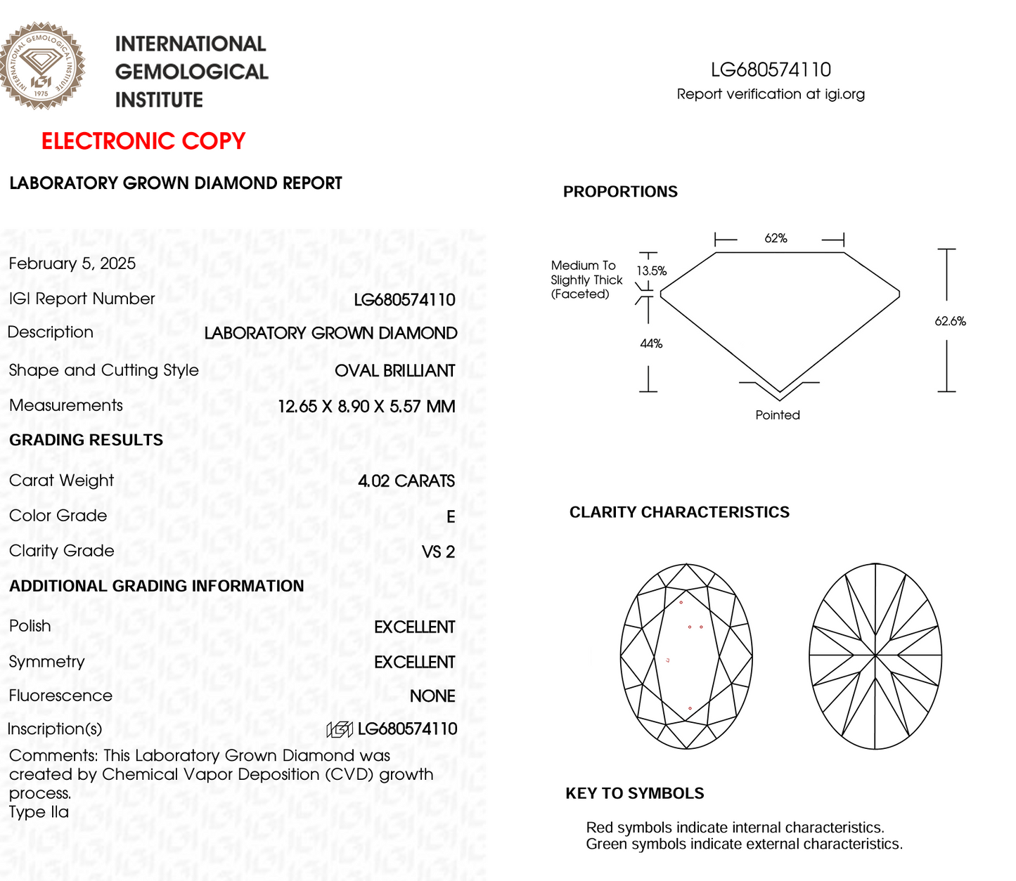 4 CT Oval Cut Lab-Grown Diamond IGI Certified