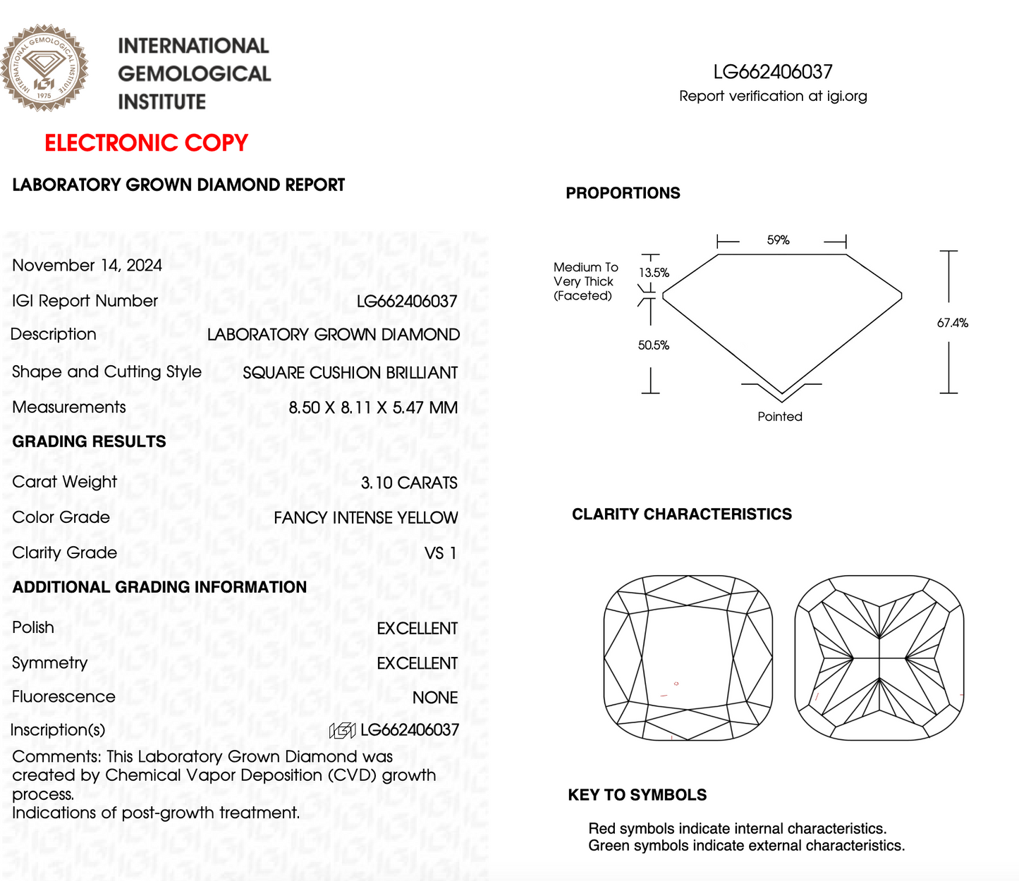 3 Carat Cushion Cut Lab Grown Diamond IGI Certified
