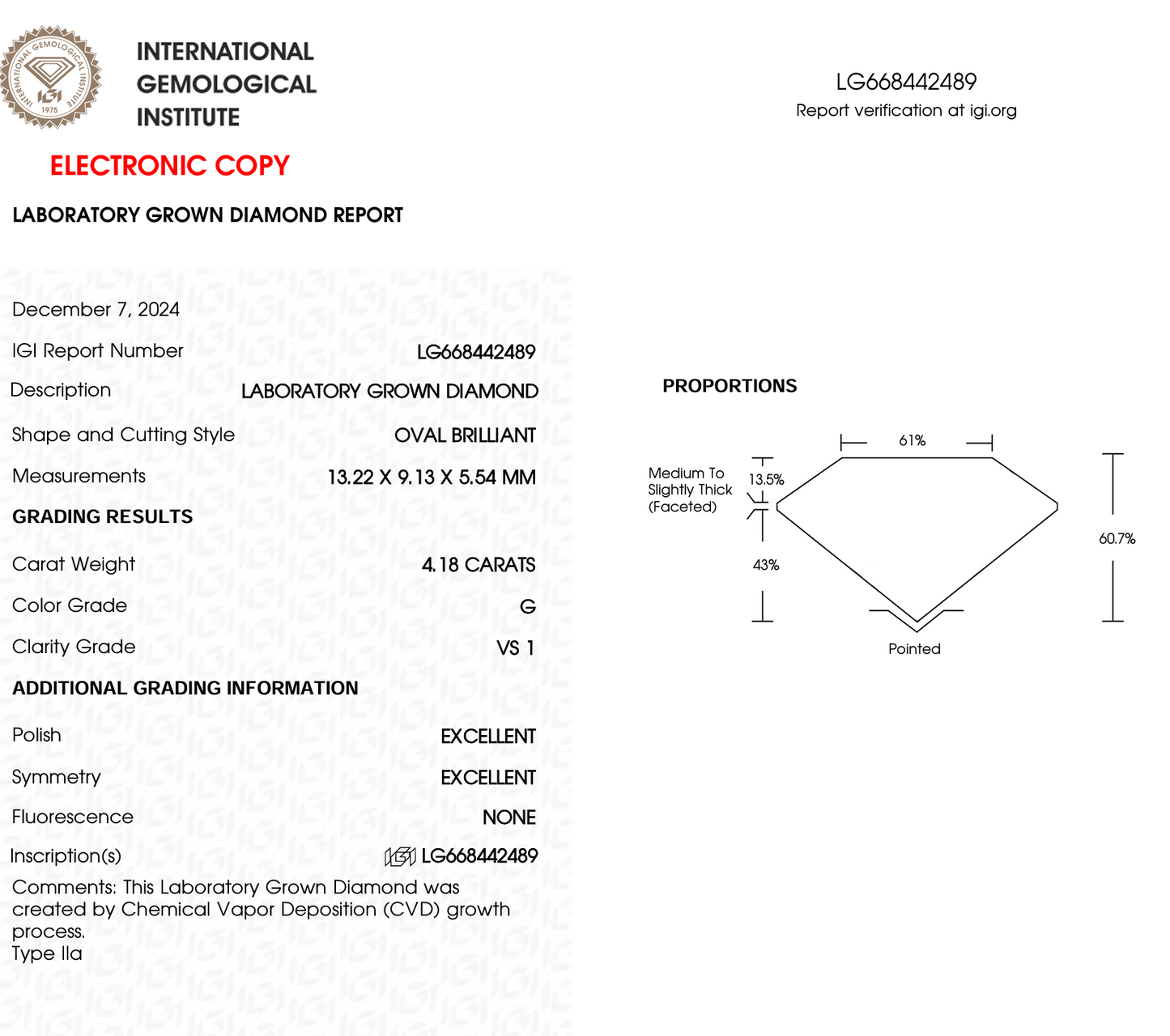 4 CT Oval Cut Lab-Grown Diamond IGI Certified