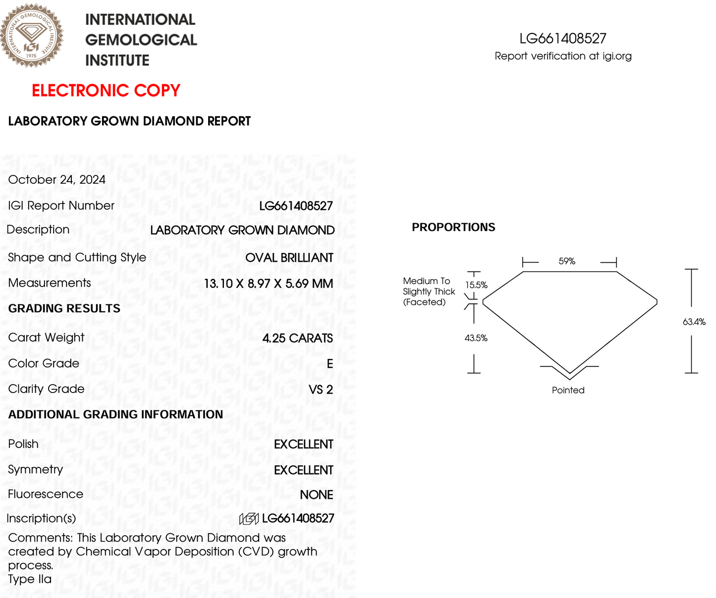 4 CT Oval Cut Lab-Grown Diamond IGI Certified