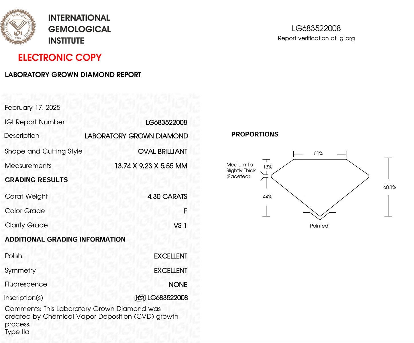 4 CT Oval Cut Lab-Grown Diamond IGI Certified