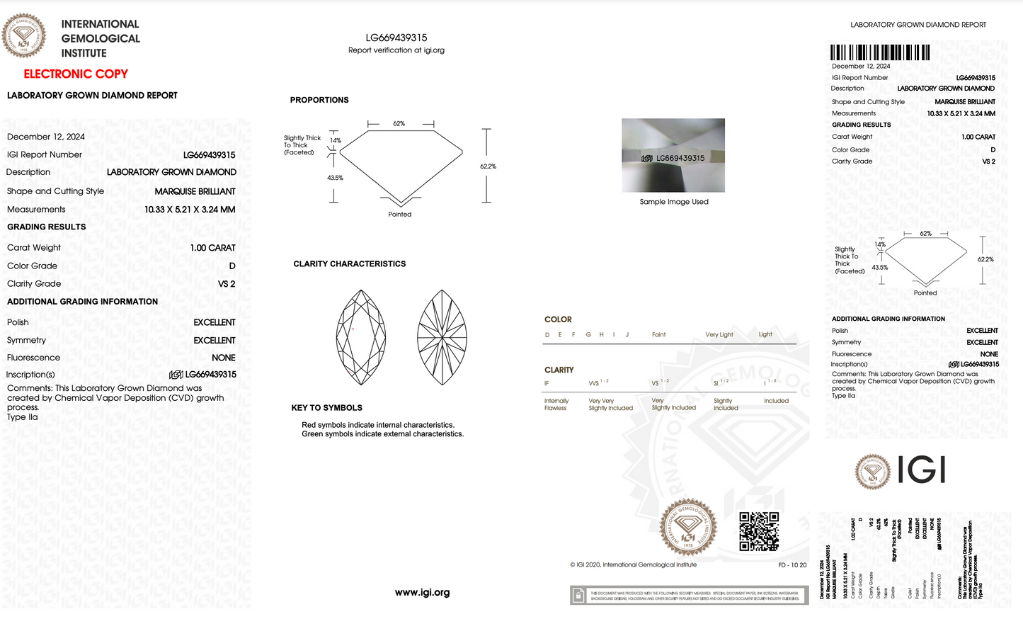 1 CT Marquise Cut Lab Grown Diamond IGI Certified