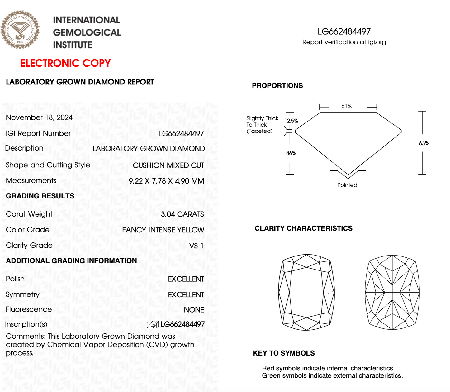3 Carat Cushion Cut Lab Grown Diamond IGI Certified