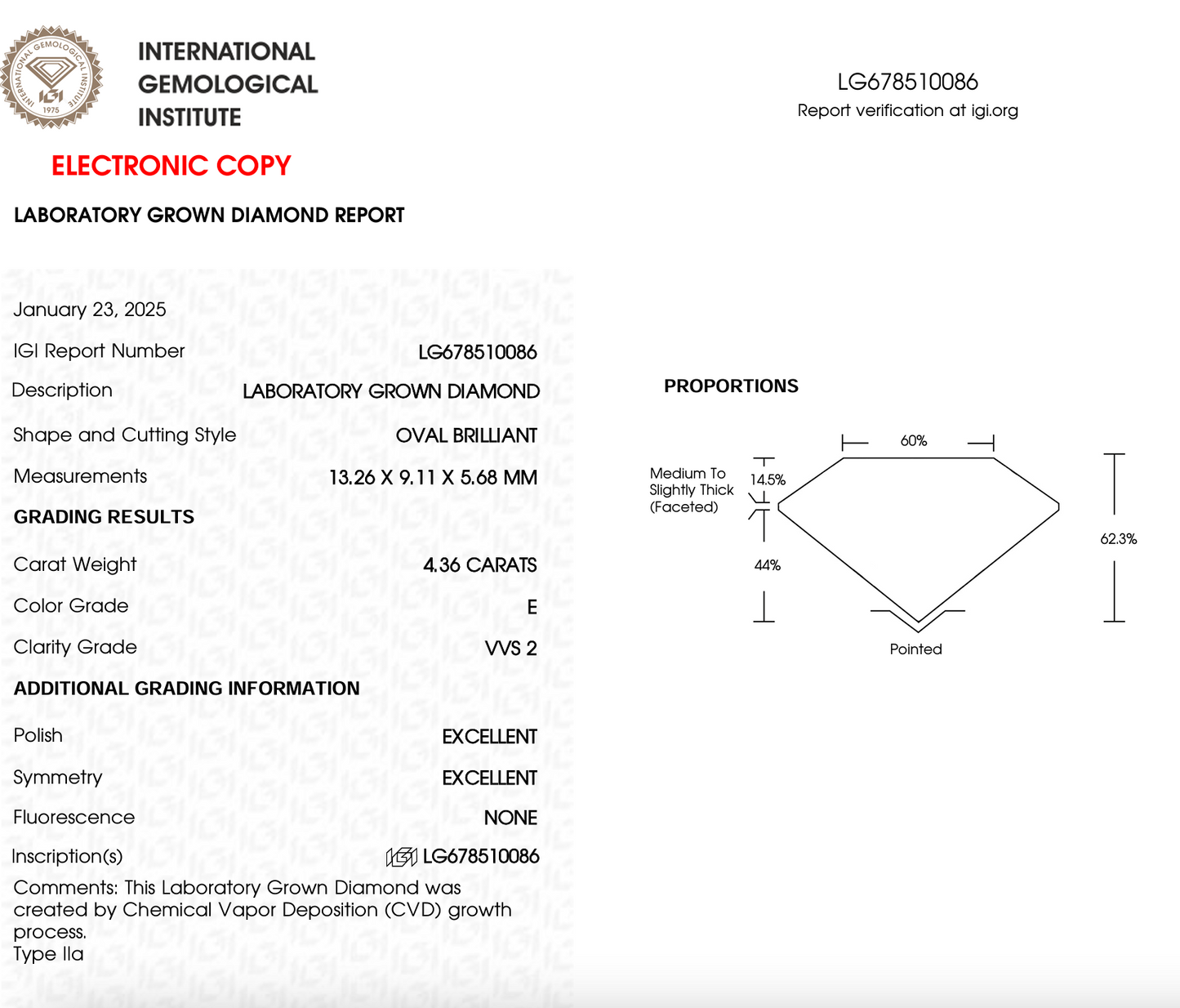 4 CT Oval Cut Lab-Grown Diamond IGI Certified