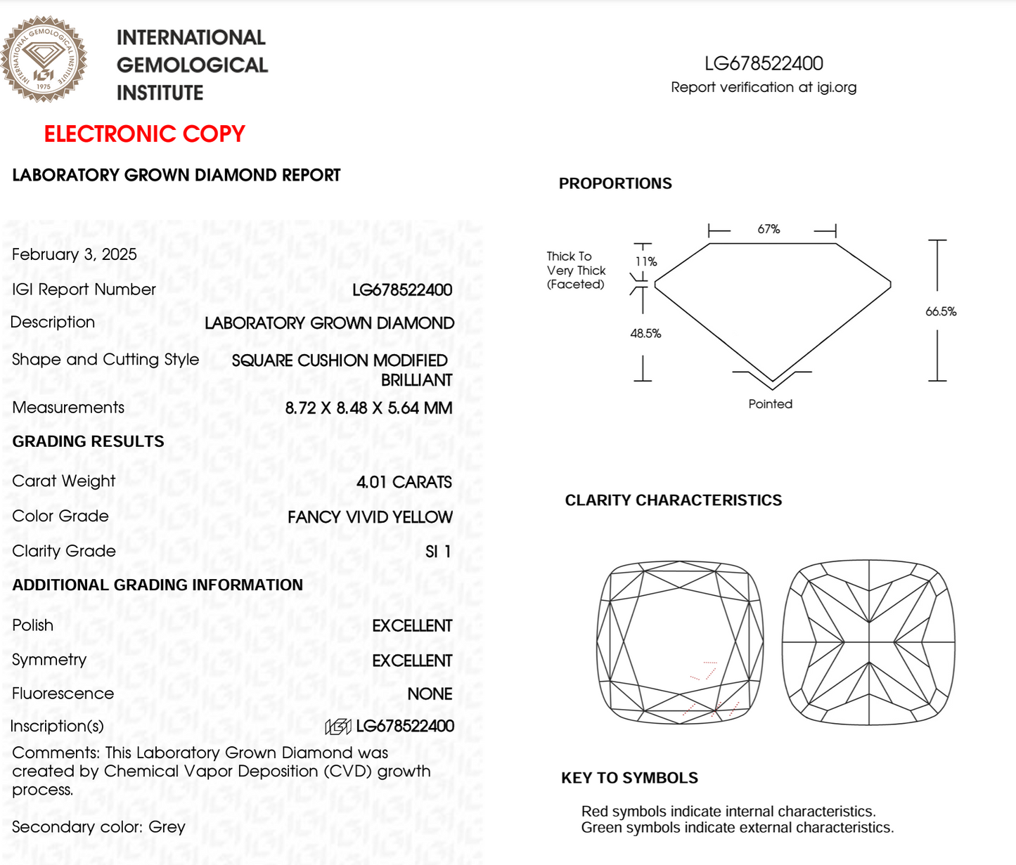 4 Carat Cushion Cut Lab Grown Diamond IGI Certified