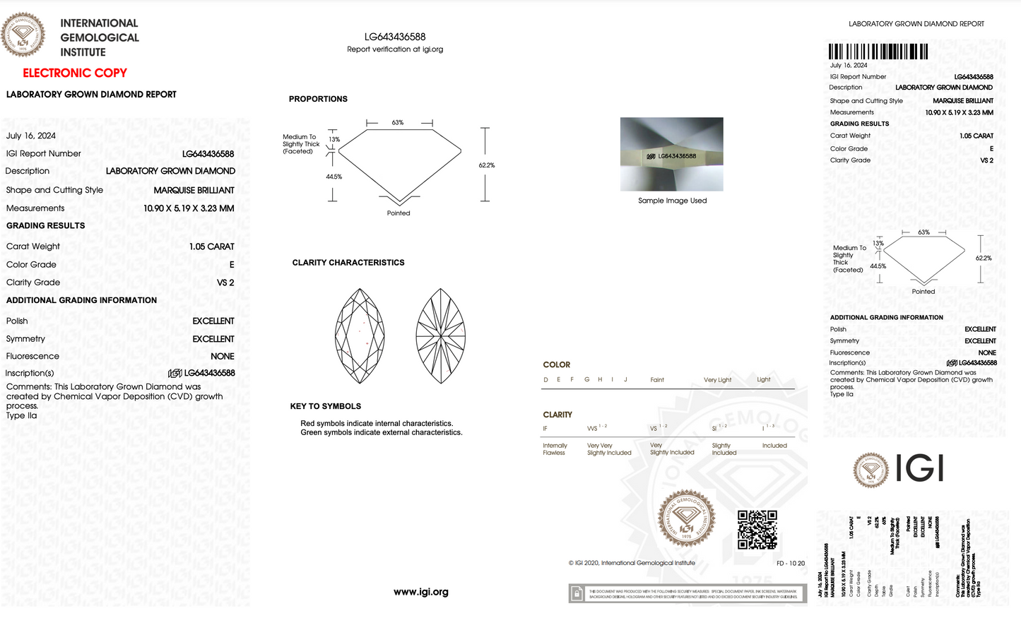 1 CT Marquise Cut Lab Grown Diamond IGI Certified