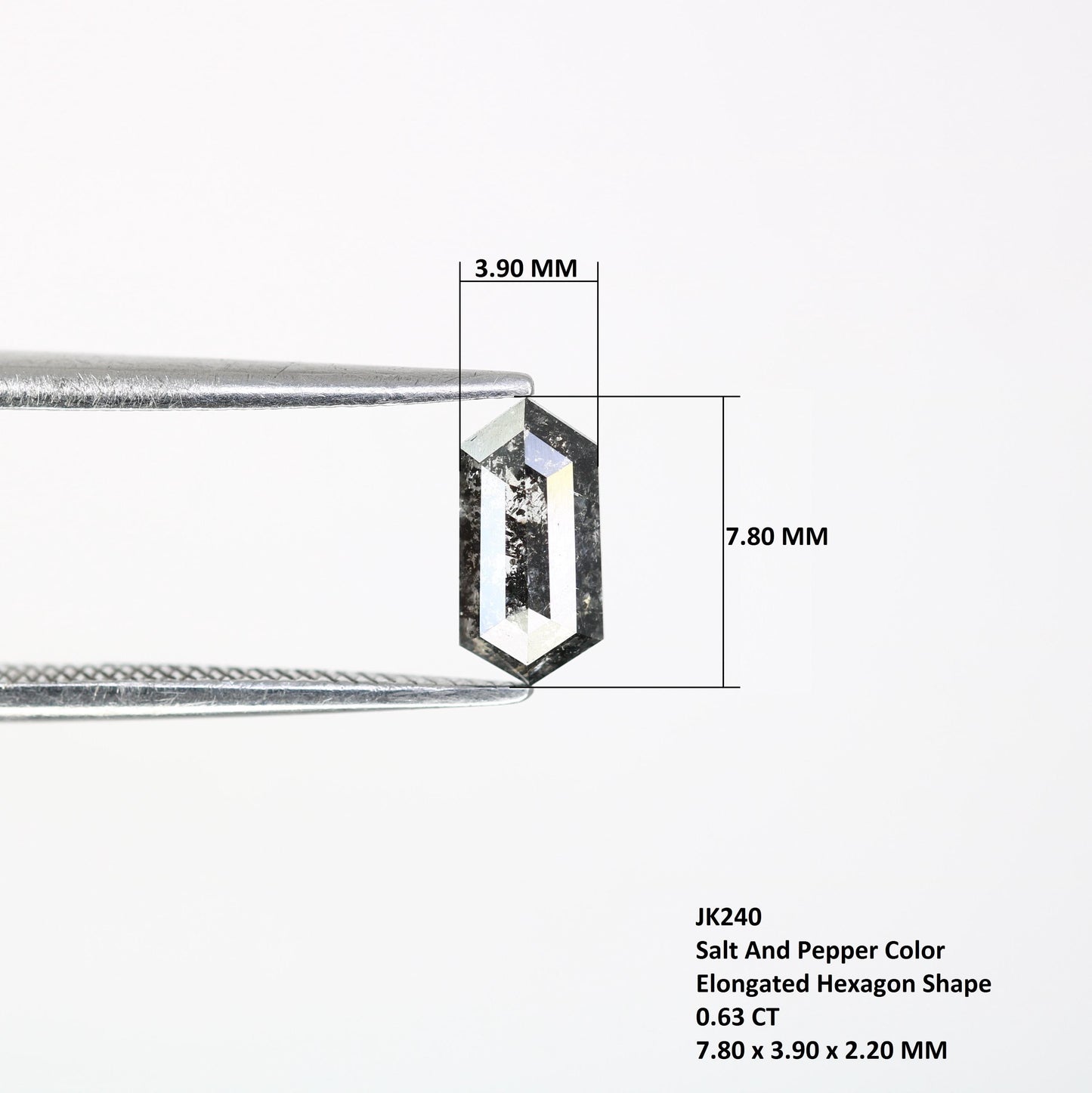 0.63 CT Elongated Hexagon Salt and Pepper Diamond | Loose Grey Natural Stone | Exquisite Rose Cut | Unique Gift for Holiday Celebrations