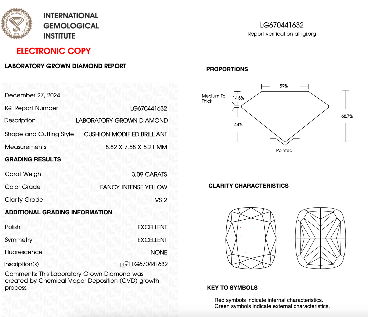 3 Carat Cushion Cut Lab Grown Diamond IGI Certified