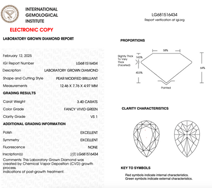 3 CT Pear Cut Lab Grown Diamond IGI Certified