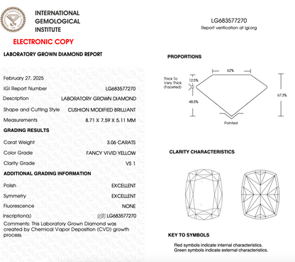 3 Carat Cushion Cut Lab Grown Diamond IGI Certified