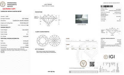 3 CT Round Cut Lab-Grown Diamond IGI Certified
