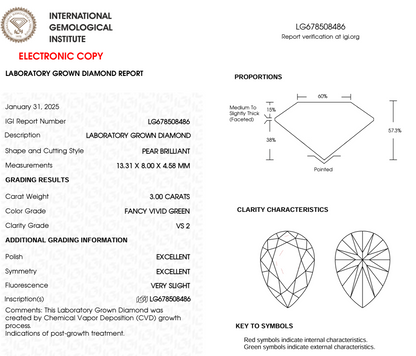 3 CT Pear Cut Lab Grown Diamond IGI Certified