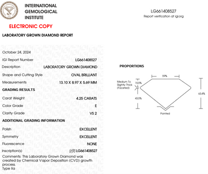4 CT Oval Cut Lab-Grown Diamond IGI Certified