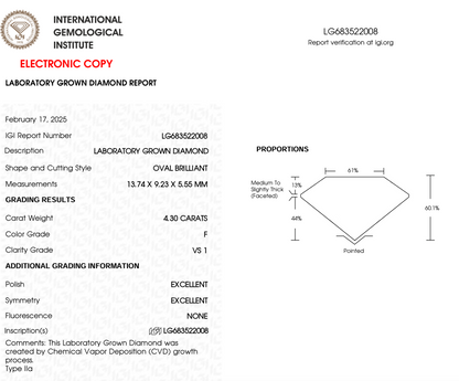 4 CT Oval Cut Lab-Grown Diamond IGI Certified