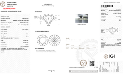 3 CT Round Cut Lab-Grown Diamond IGI Certified